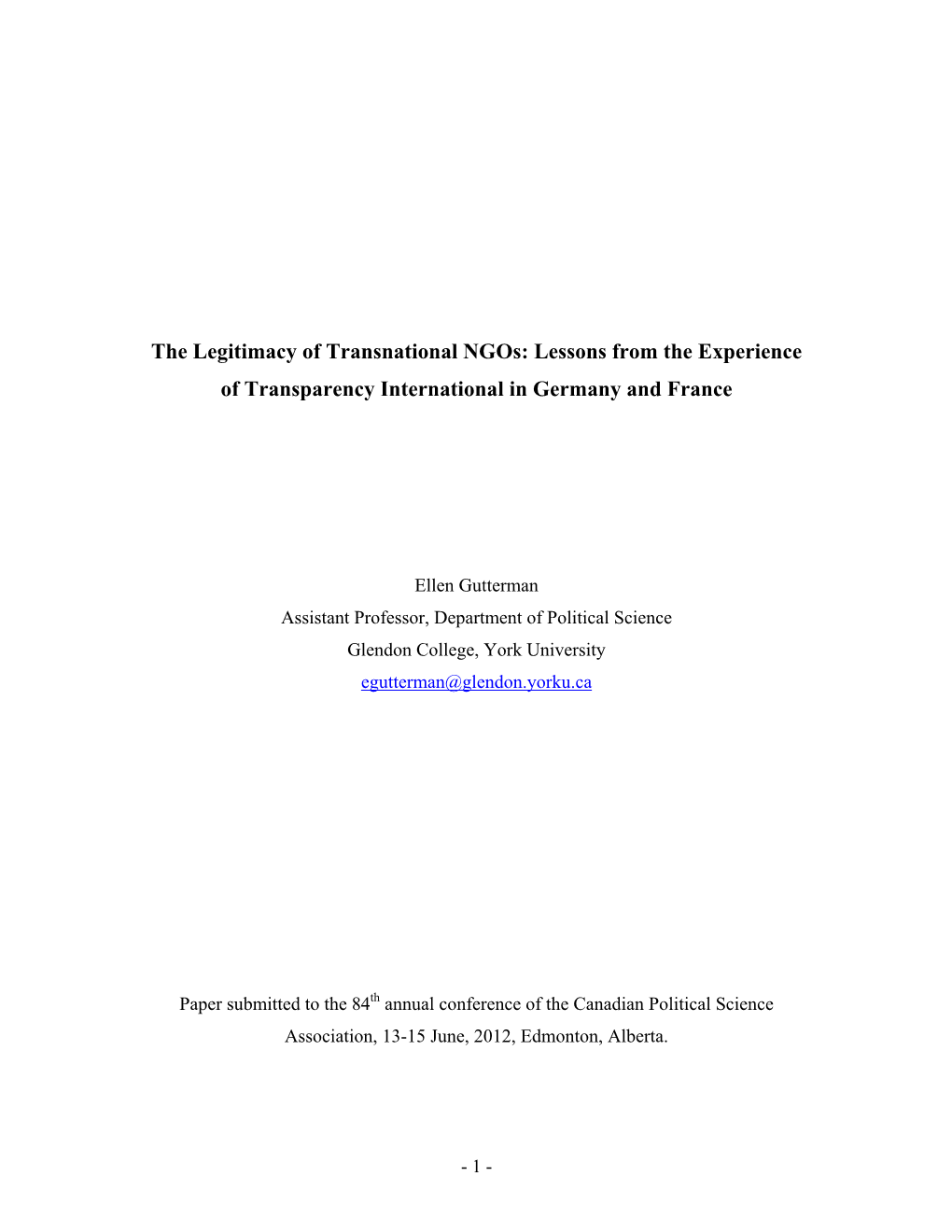 The Legitimacy of Transnational Ngos: Lessons from the Experience of Transparency International in Germany and France