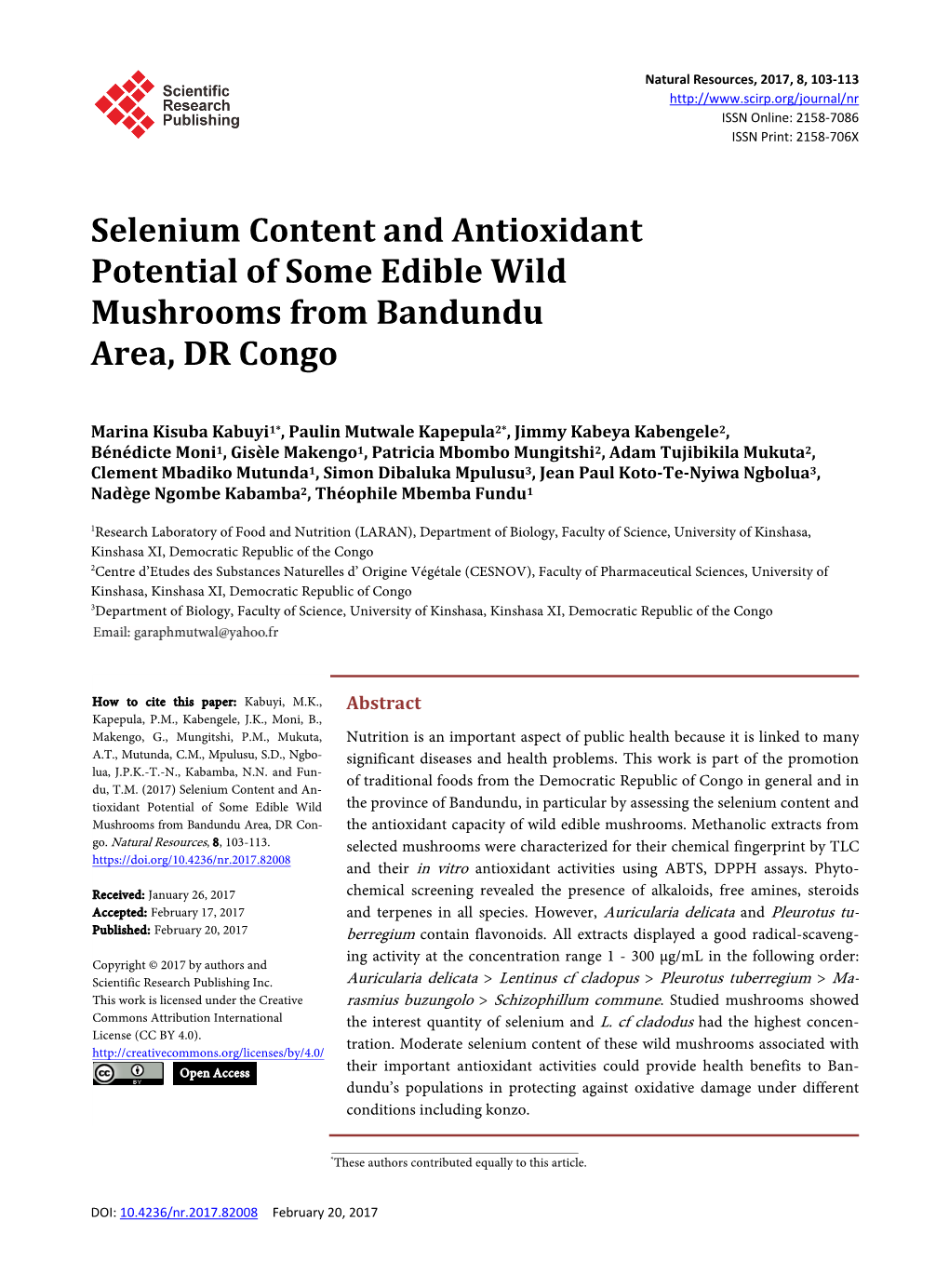 Selenium Content and Antioxidant Potential of Some Edible Wild Mushrooms from Bandundu Area, DR Congo