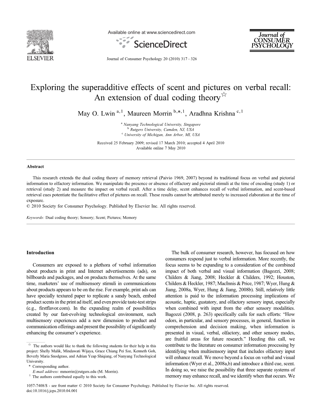 Exploring the Superadditive Effects of Scent and Pictures on Verbal Recall: an Extension of Dual Coding Theory☆ ⁎ May O