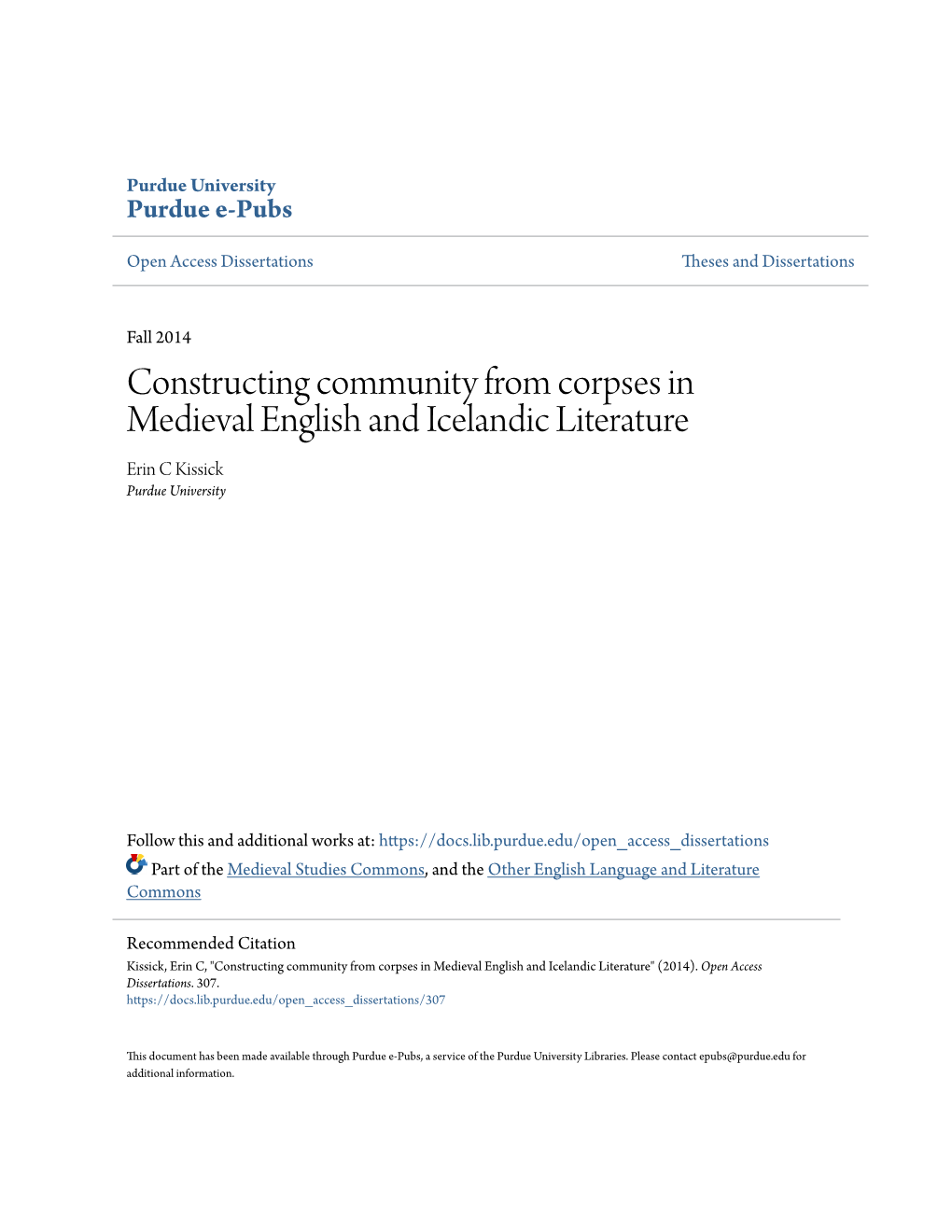 Constructing Community from Corpses in Medieval English and Icelandic Literature Erin C Kissick Purdue University