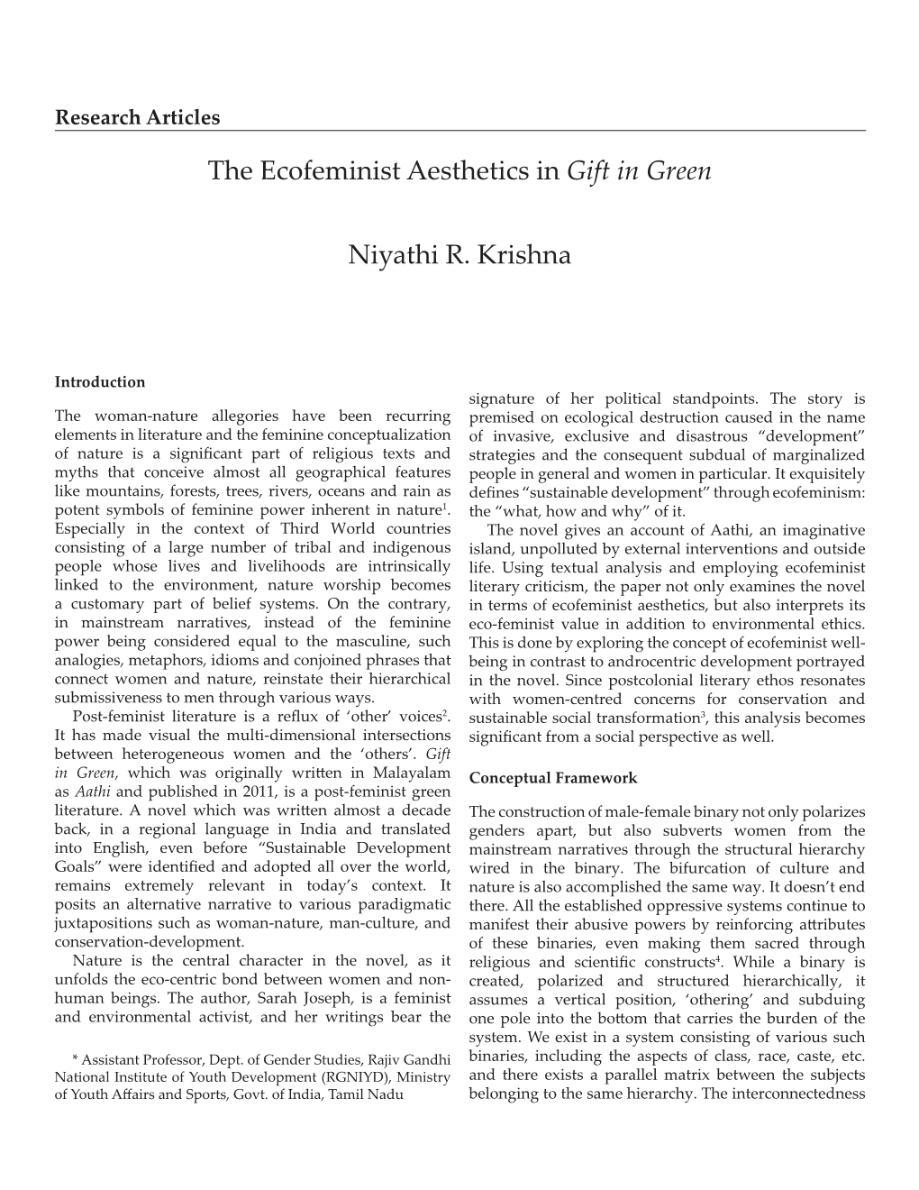 The Ecofeminist Aesthetics in Gift in Green Niyathi R. Krishna