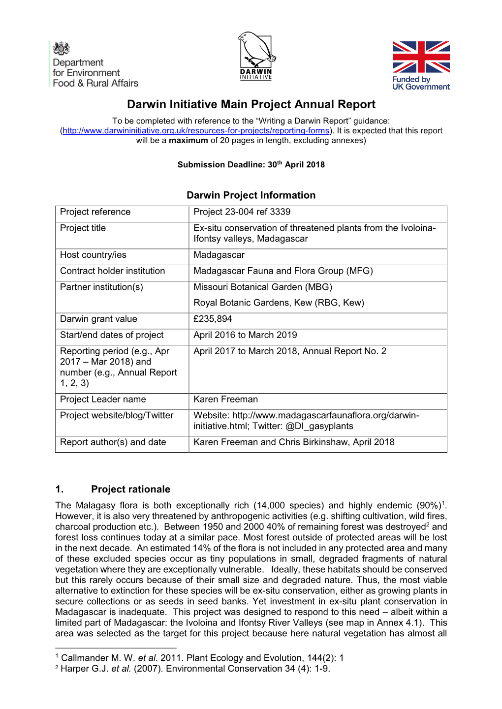 Annual Report to Be Completed with Reference to the “Writing a Darwin Report” Guidance: (