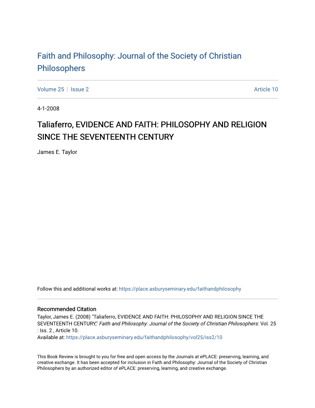 Taliaferro, EVIDENCE and FAITH: PHILOSOPHY and RELIGION SINCE the SEVENTEENTH CENTURY