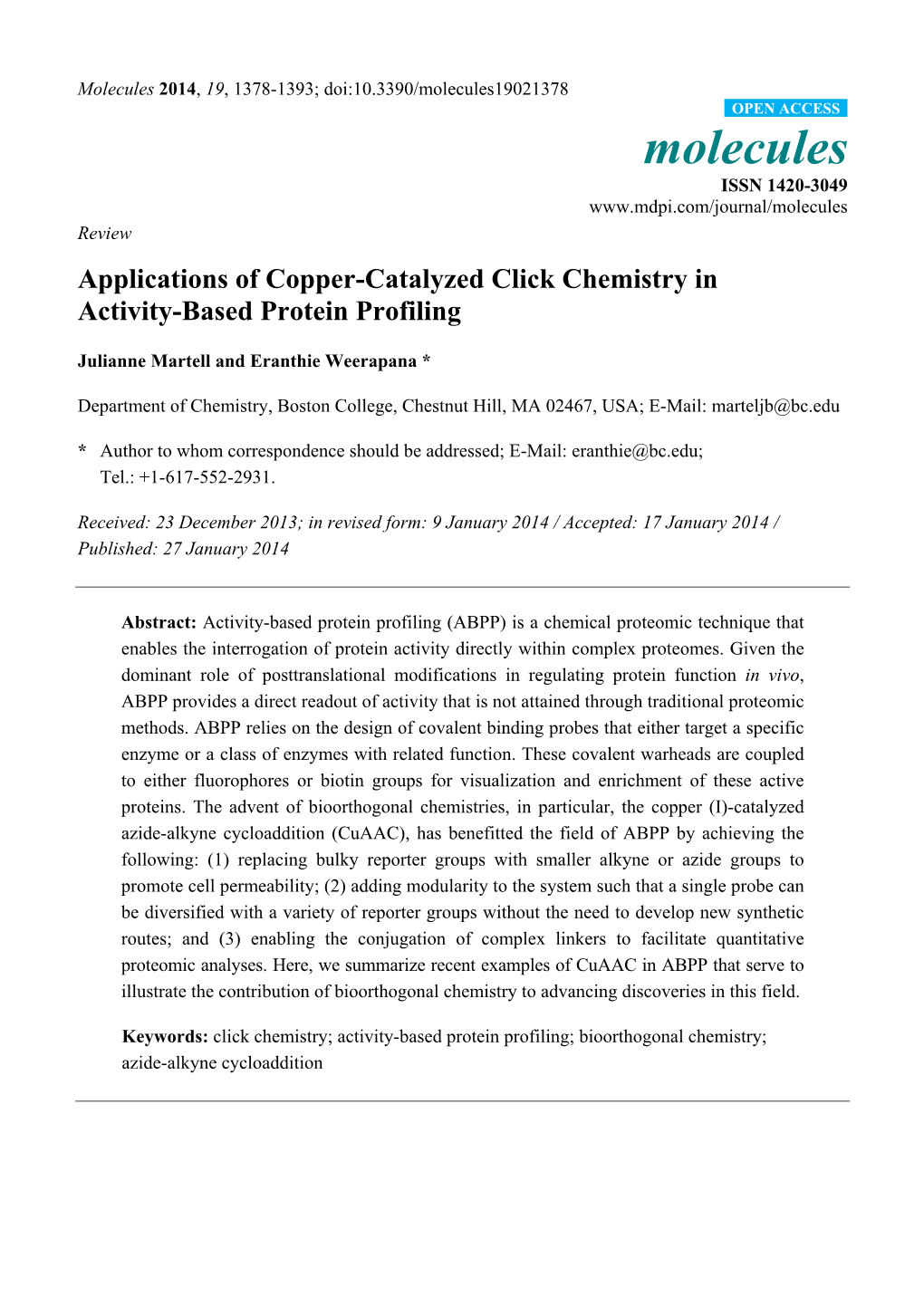 Applications of Copper-Catalyzed Click Chemistry in Activity-Based Protein Profiling