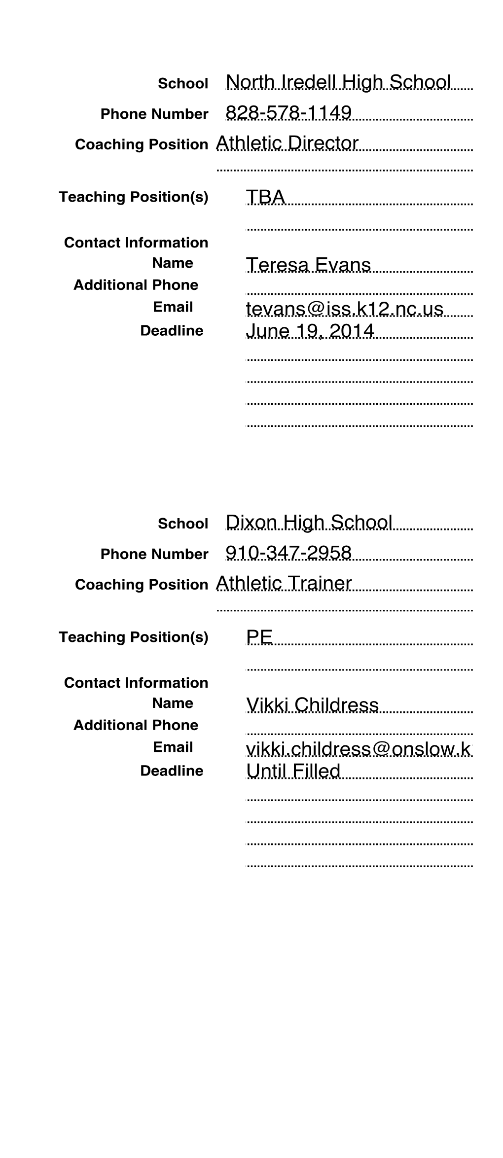 North Iredell High School Athletic Director TBA 828-578-1149 Teresa