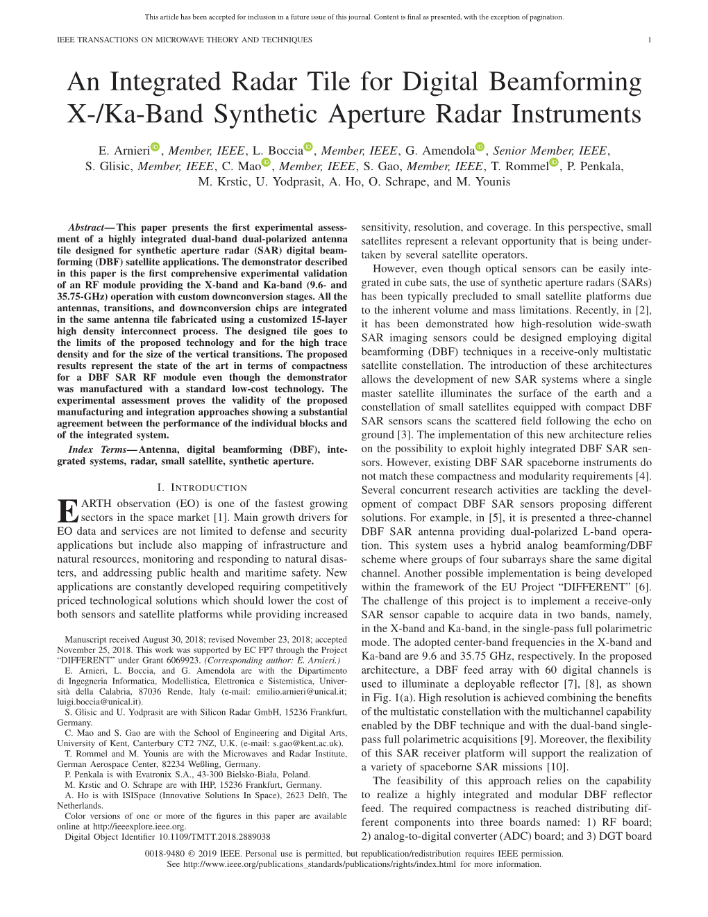 An Integrated Radar Tile for Digital Beamforming X-/Ka-Band Synthetic Aperture Radar Instruments