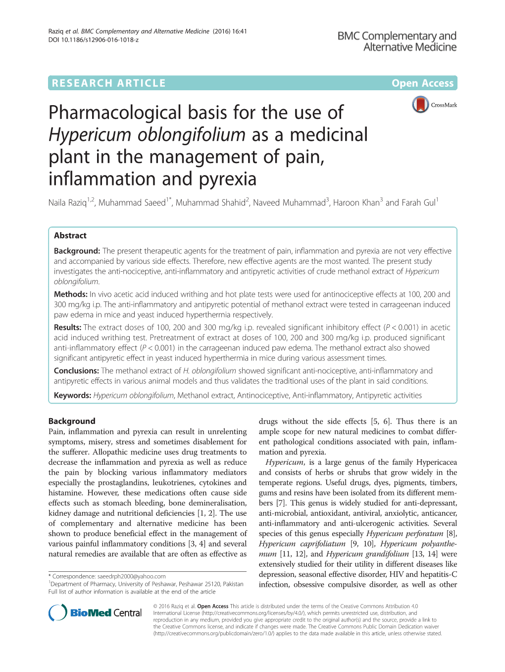 Pharmacological Basis for the Use of Hypericum Oblongifolium As A