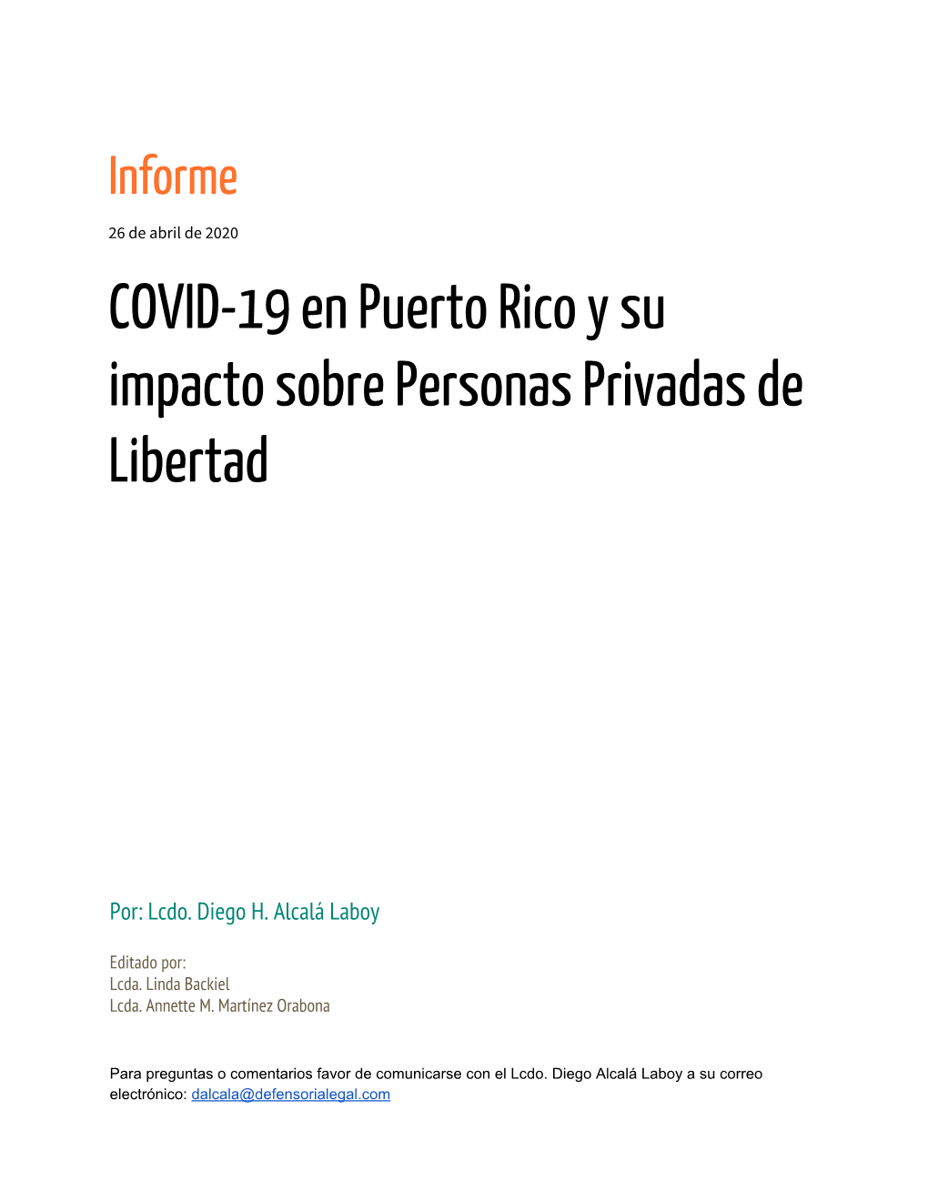 COVID-19 En Puerto Rico Y Su Impacto Sobre Personas Privadas De Libertad
