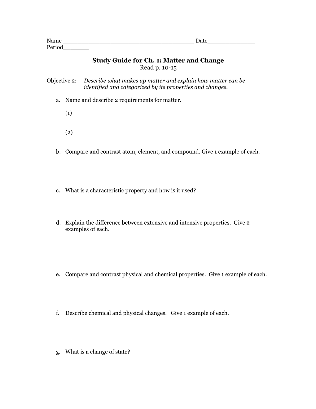 Study Guide for Ch. 1: Matter and Change
