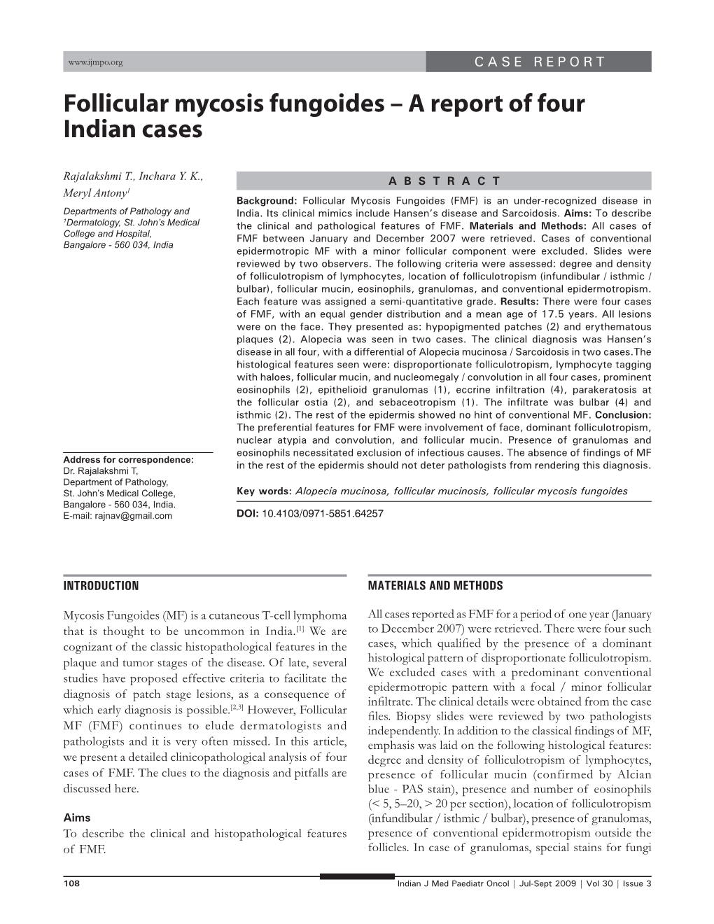 Follicular Mycosis Fungoides – a Report of Four Indian Cases