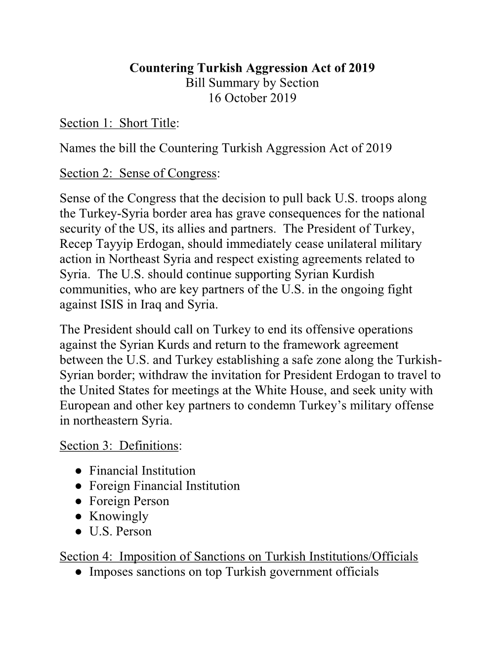 Countering Turkish Aggression Act of 2019 Bill Summary by Section 16