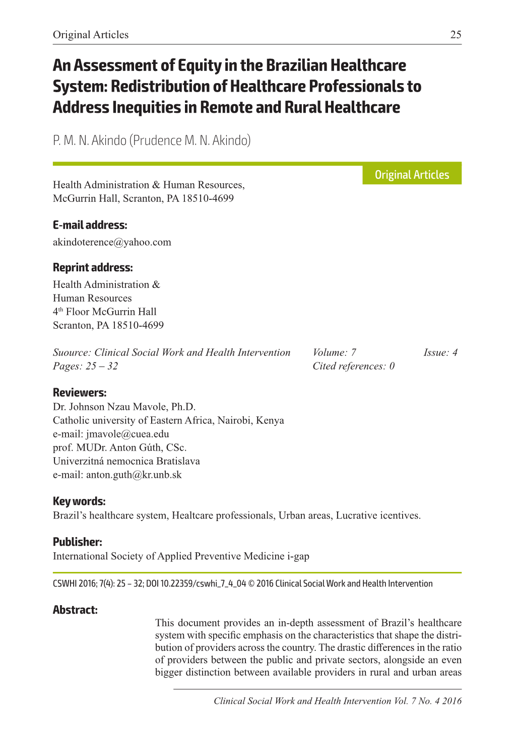 An Assessment of Equity in the Brazilian Healthcare System: Redistribution of Healthcare Professionals to Address Inequities in Remote and Rural Healthcare