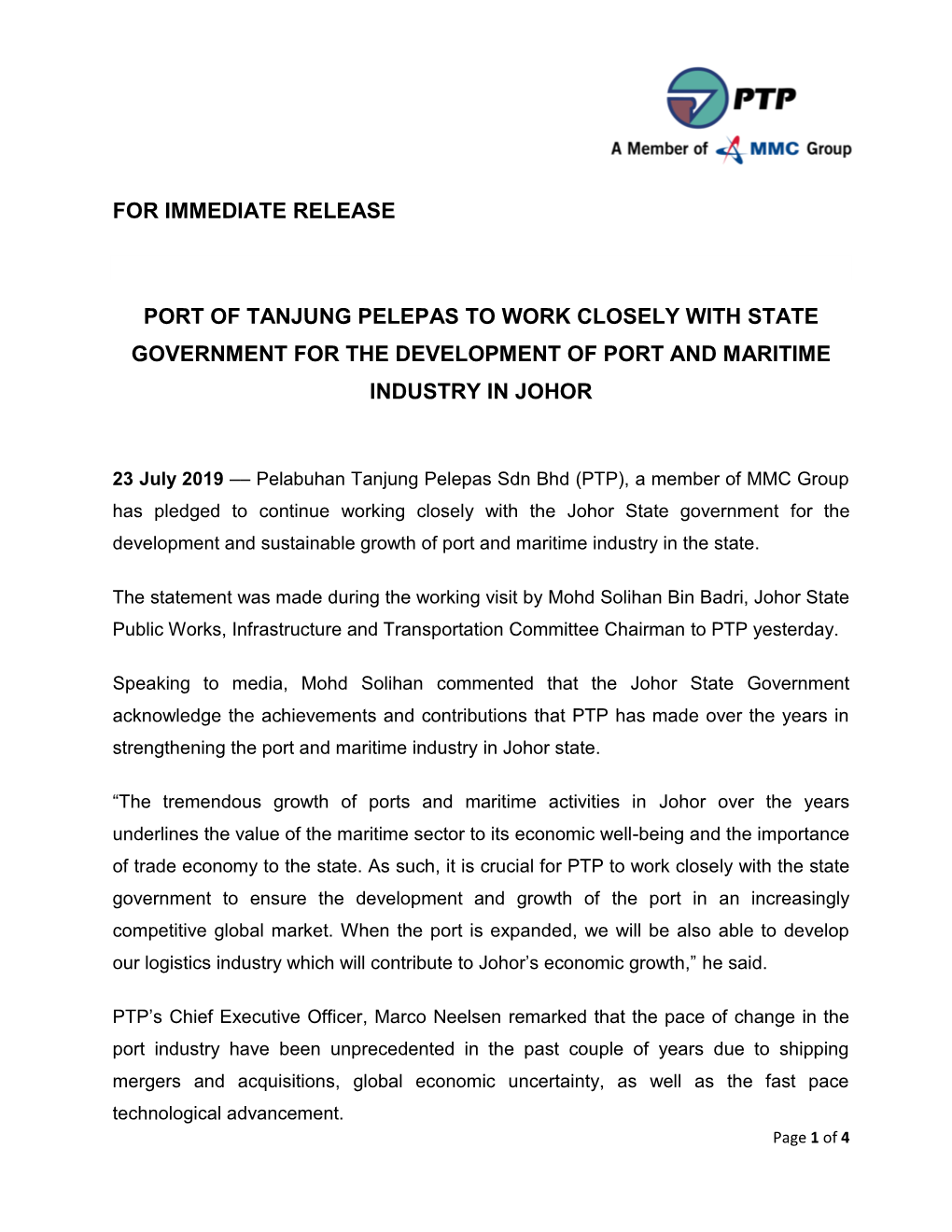 For Immediate Release Port of Tanjung Pelepas to Work