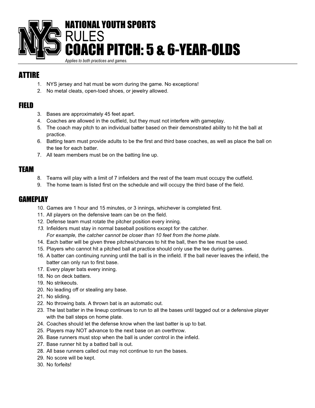 RULES COACH PITCH: 5 & 6-YEAR-OLDS Applies to Both Practices and Games