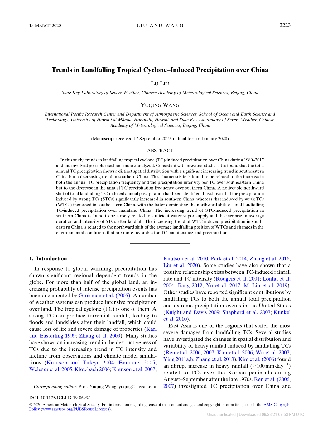 Trends in Landfalling Tropical Cyclone–Induced Precipitation Over China