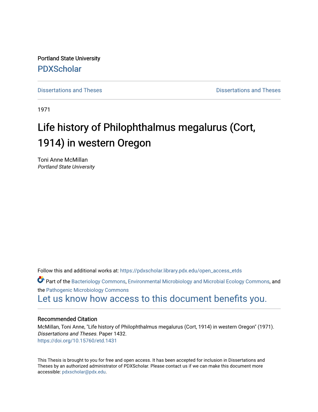 Life History of Philophthalmus Megalurus (Cort, 1914) in Western Oregon