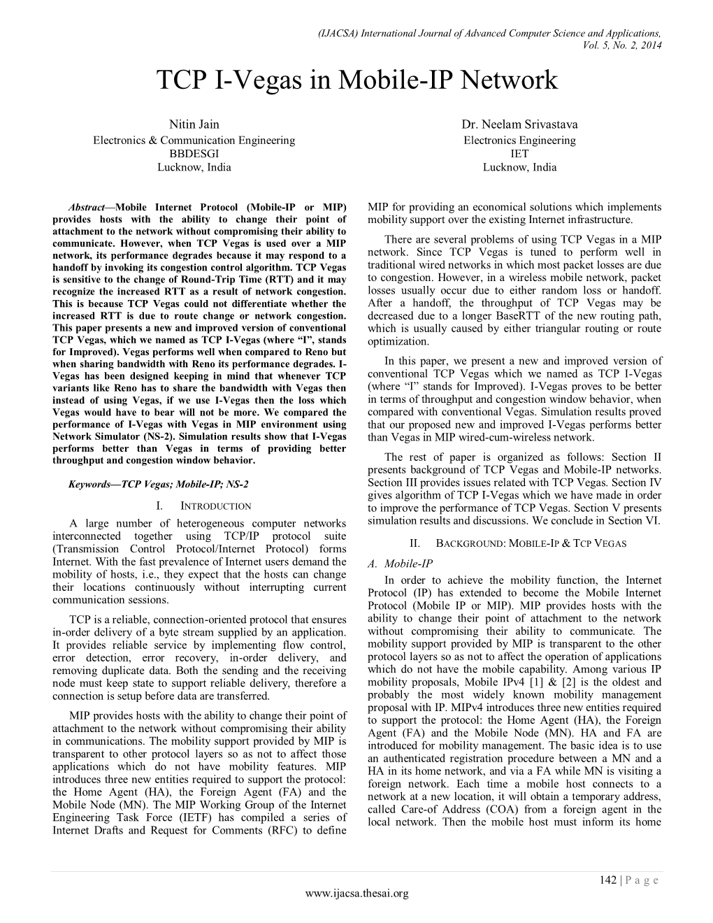 TCP I-Vegas in Mobile-IP Network