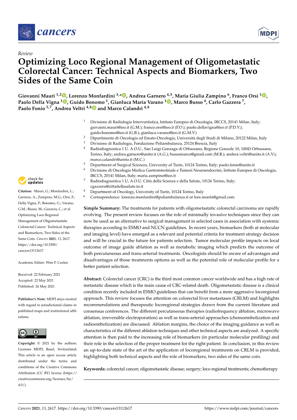 Optimizing Loco Regional Management of Oligometastatic Colorectal Cancer: Technical Aspects and Biomarkers, Two Sides of the Same Coin