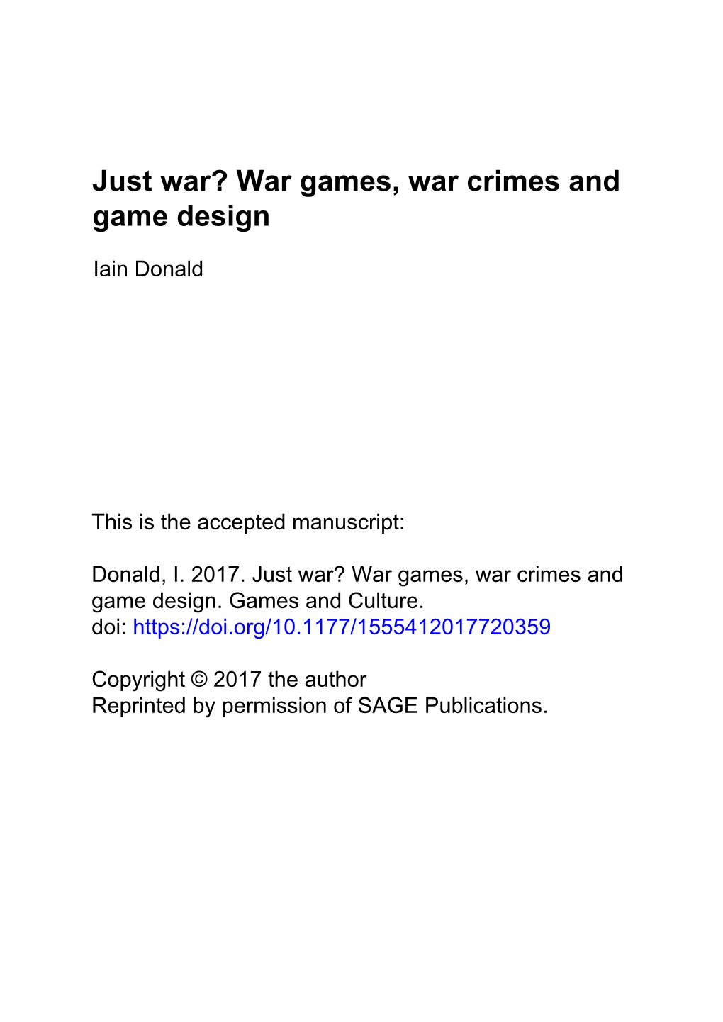 Just War? War Games, War Crimes and Game Design