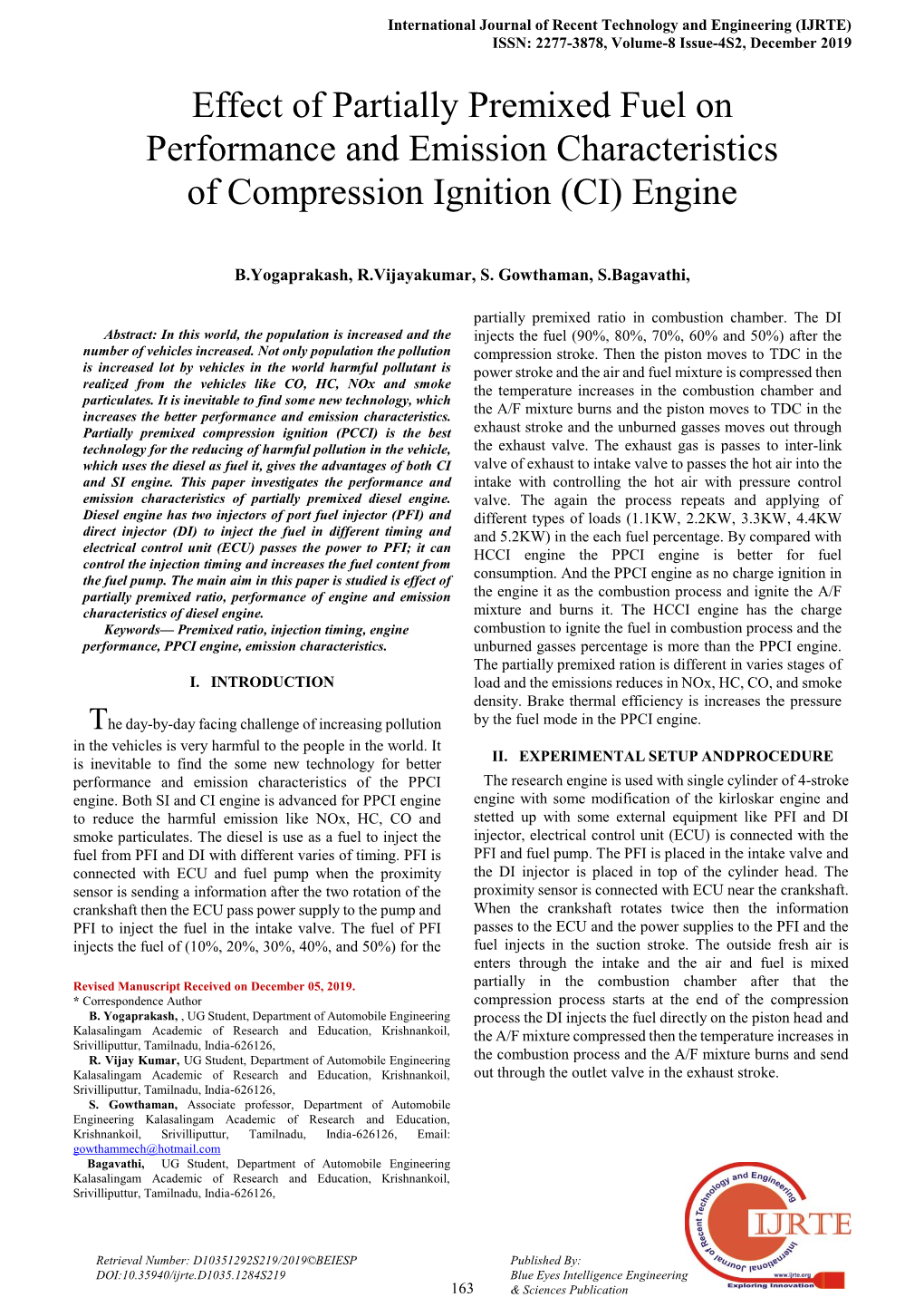 Effect of Partially Premixed Fuel on Performance and Emission Characteristics of Compression Ignition (CI) Engine