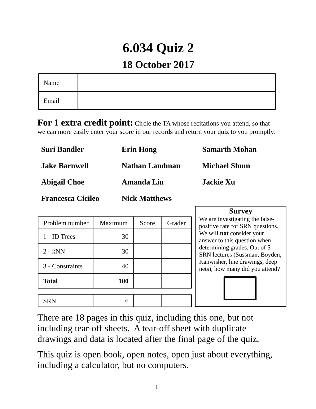 6.034 Quiz 2 18 October 2017