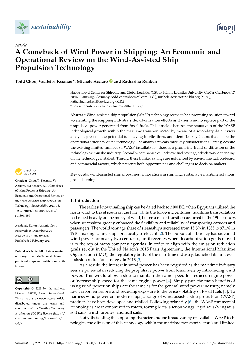 A Comeback of Wind Power in Shipping: an Economic and Operational Review on the Wind-Assisted Ship Propulsion Technology