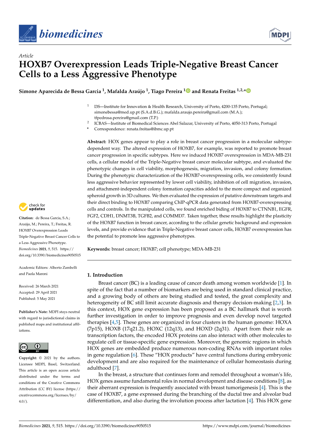 HOXB7 Overexpression Leads Triple-Negative Breast Cancer Cells to a Less Aggressive Phenotype