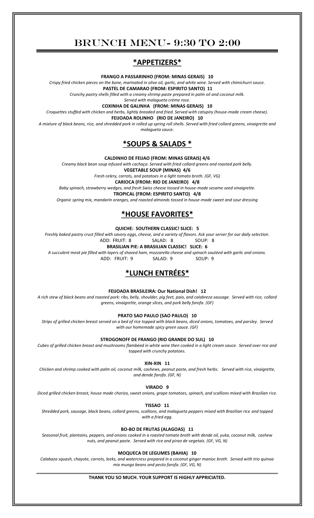 Brunch Menu- 9:30 to 2:00