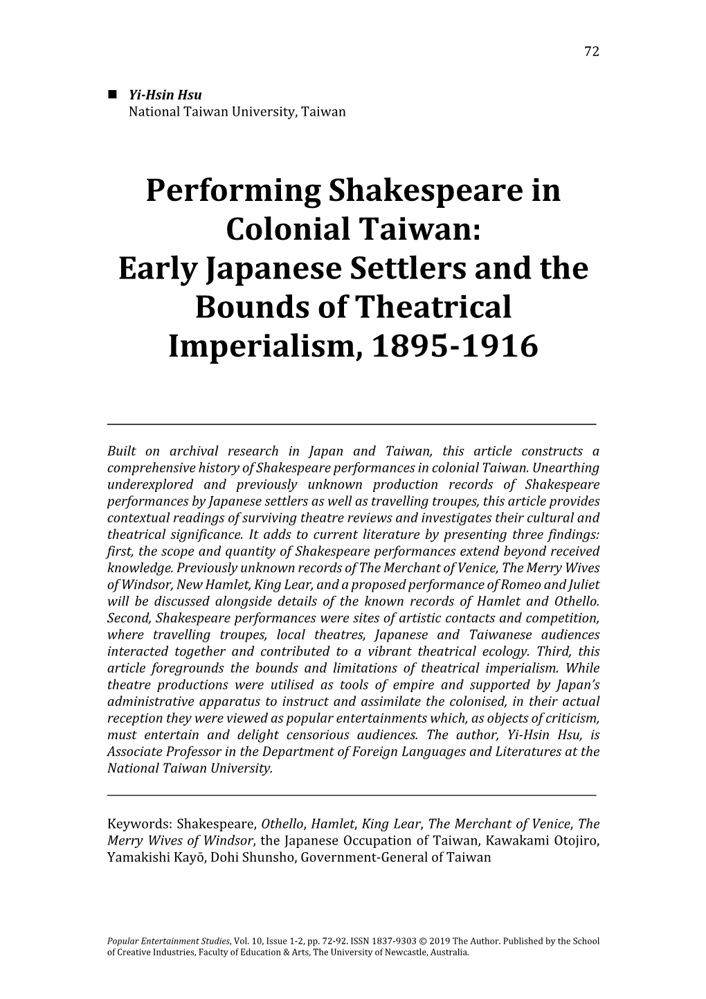 Performing Shakespeare in Colonial Taiwan: Early Japanese Settlers and the Bounds of Theatrical Imperialism, 1895‐1916