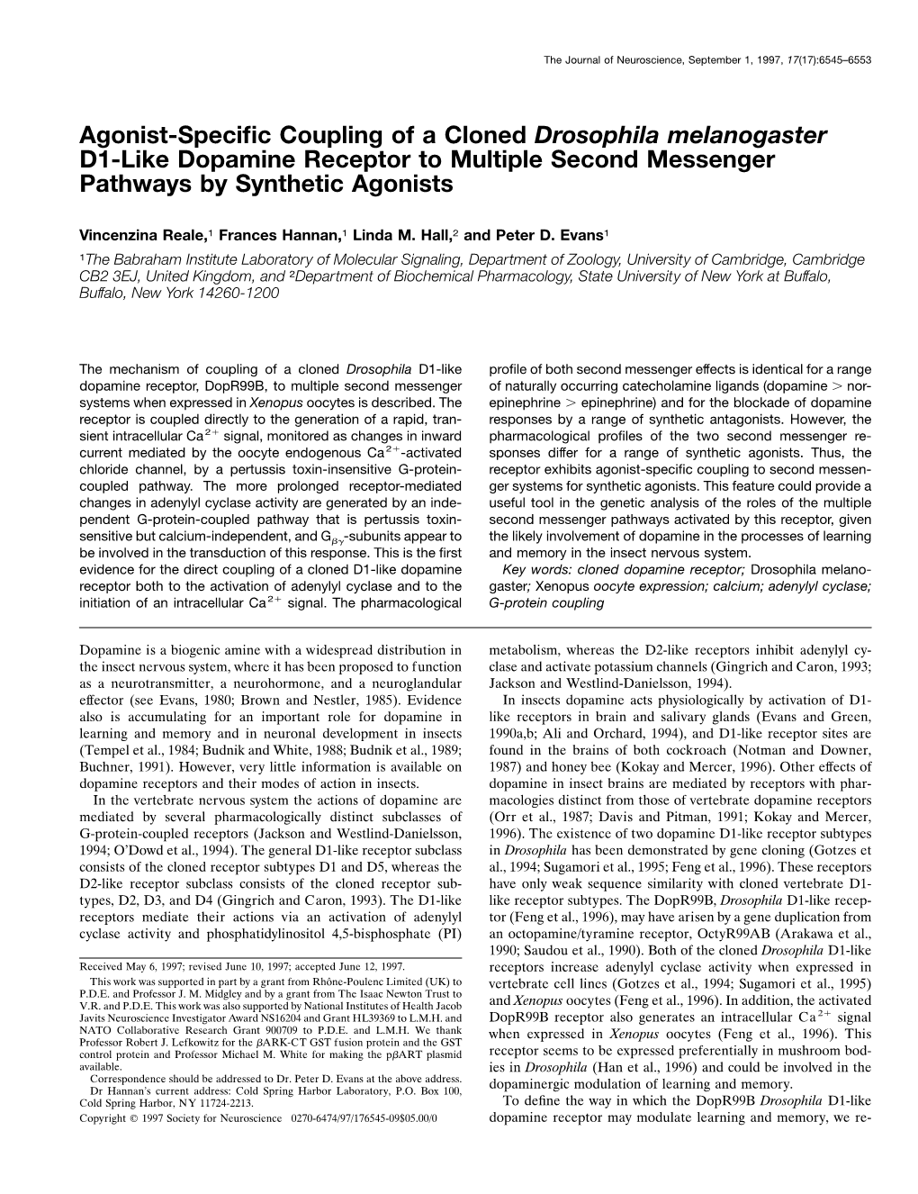 Agonist-Specific Coupling of a Cloned Drosophila Melanogaster D1-Like