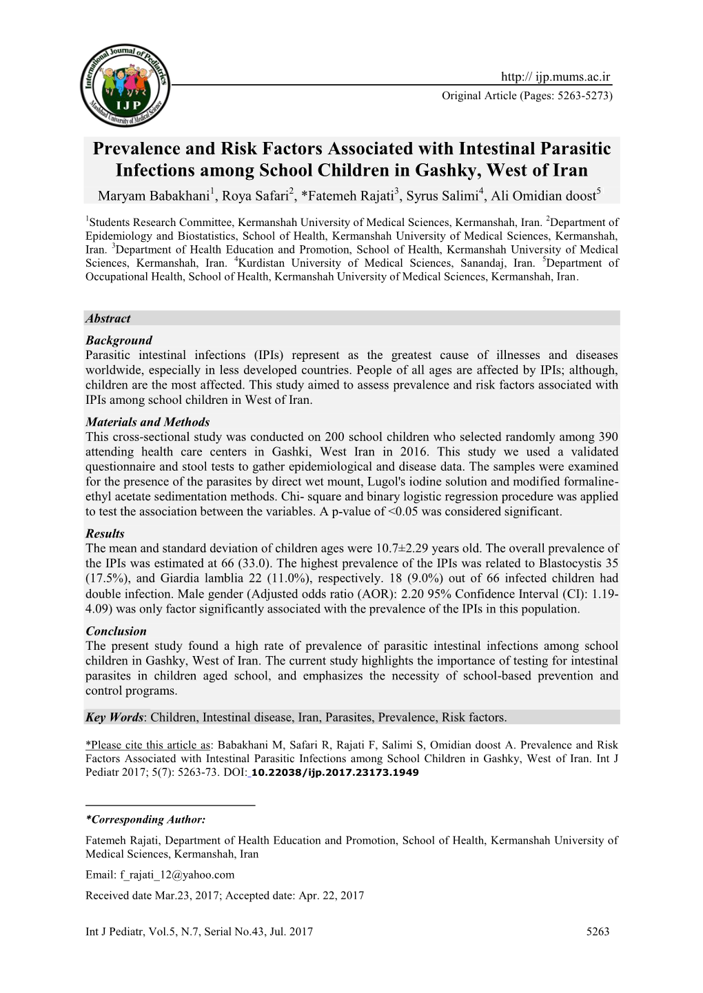 Prevalence and Risk Factors Associated with Intestinal Parasitic Infections Among School Children in Gashky, West of Iran