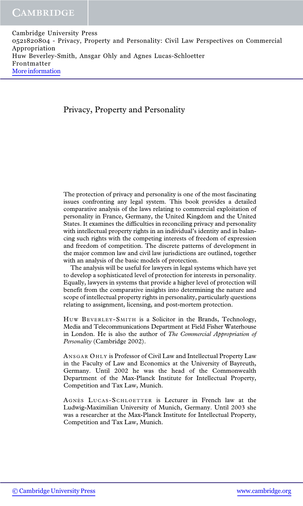 Privacy, Property and Personality