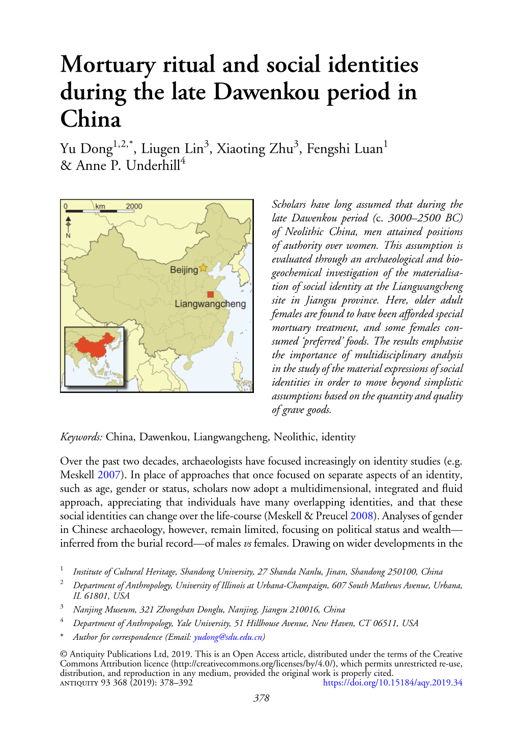 Mortuary Ritual and Social Identities During the Late Dawenkou Period in China Yu Dong1,2,*, Liugen Lin3, Xiaoting Zhu3, Fengshi Luan1 & Anne P