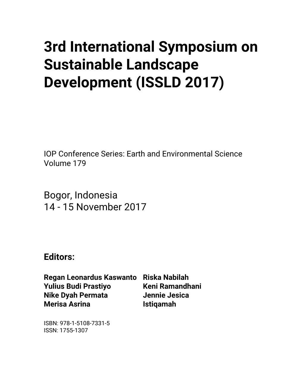 3Rd International Symposium on Sustainable Landscape Development (ISSLD 2017)