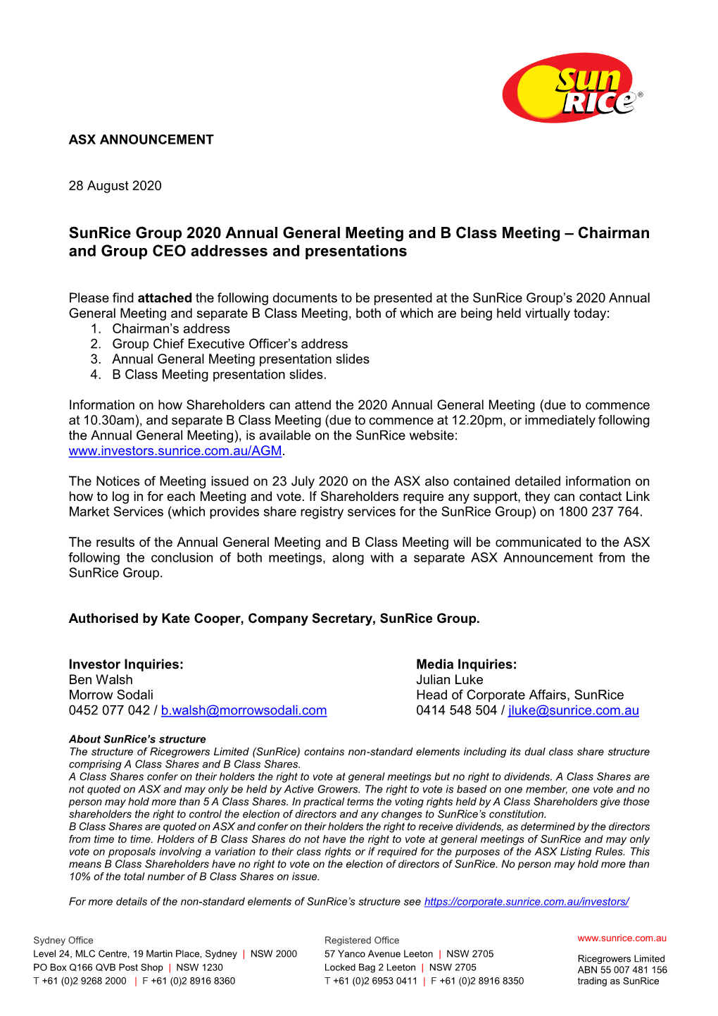 Sunrice Group ASX Announcement 2020 AGM and B