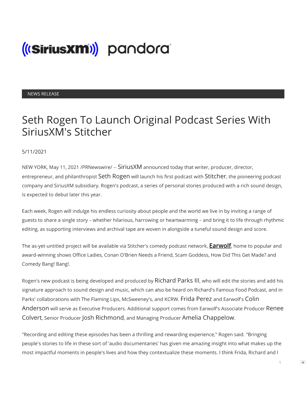 Seth Rogen to Launch Original Podcast Series with Siriusxm's Stitcher