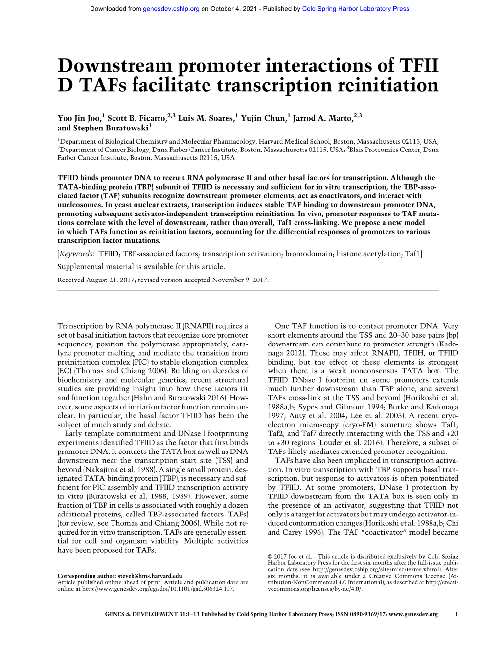 Downstream Promoter Interactions of TFIID Tafs Facilitate Transcription Reinitiation