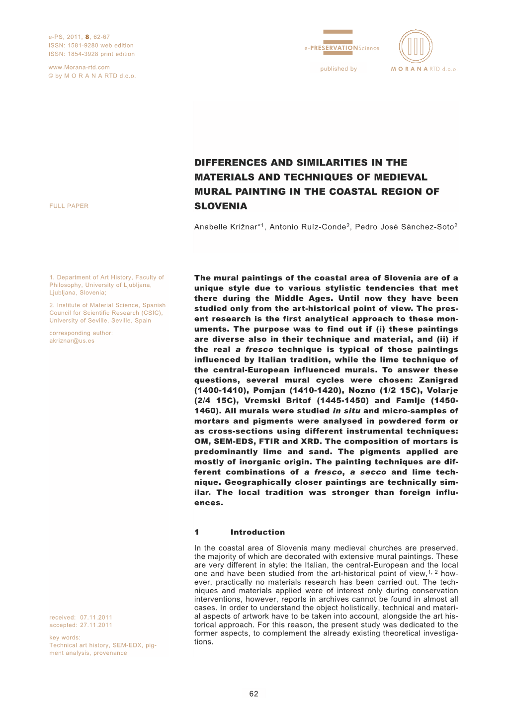 Differences and Similarities in the Materials and Techniques of Medieval Mural Painting in the Coastal Region of Full Paper Slovenia