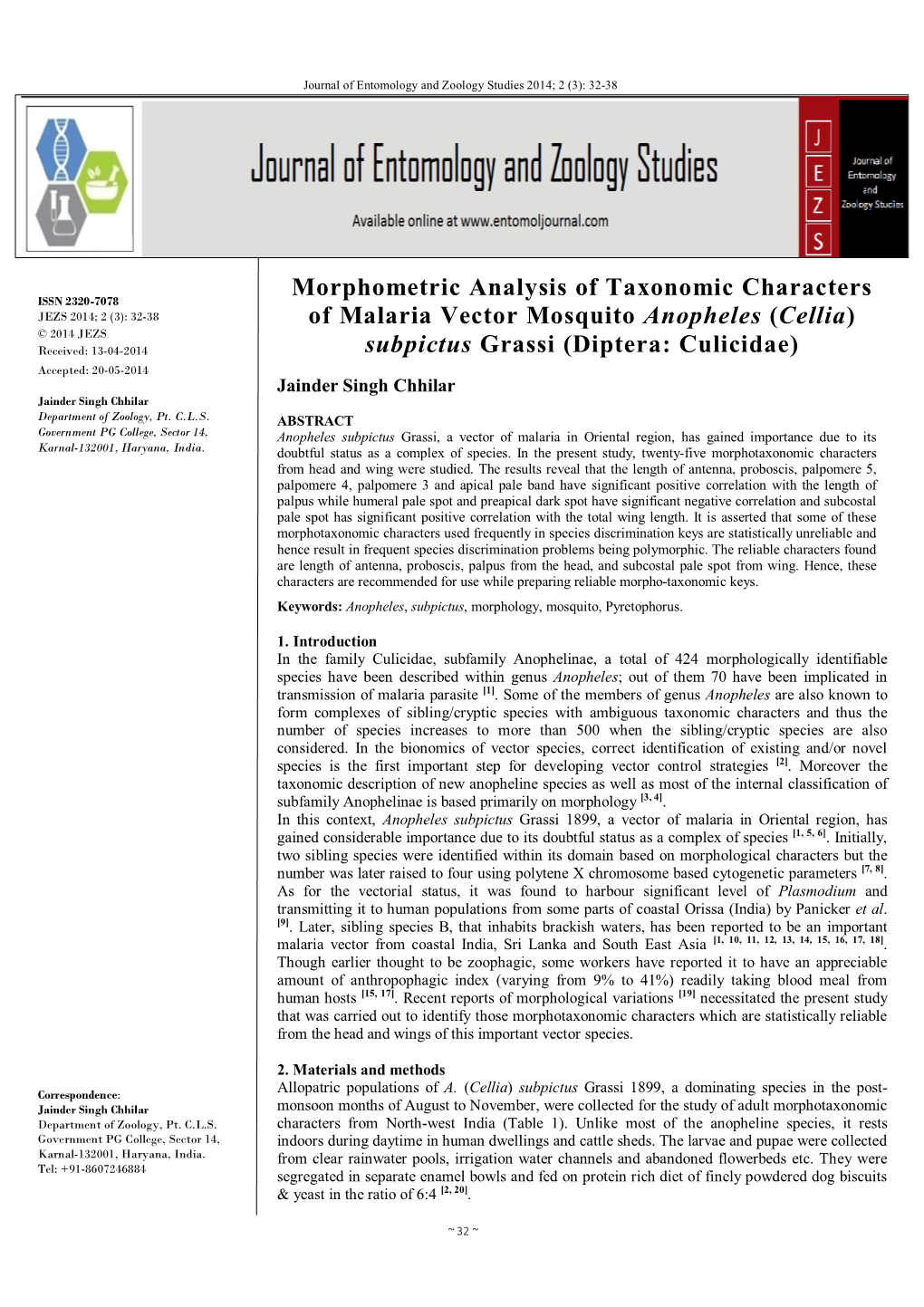 Morphometric Analysis of Taxonomic Characters of Malaria Vector