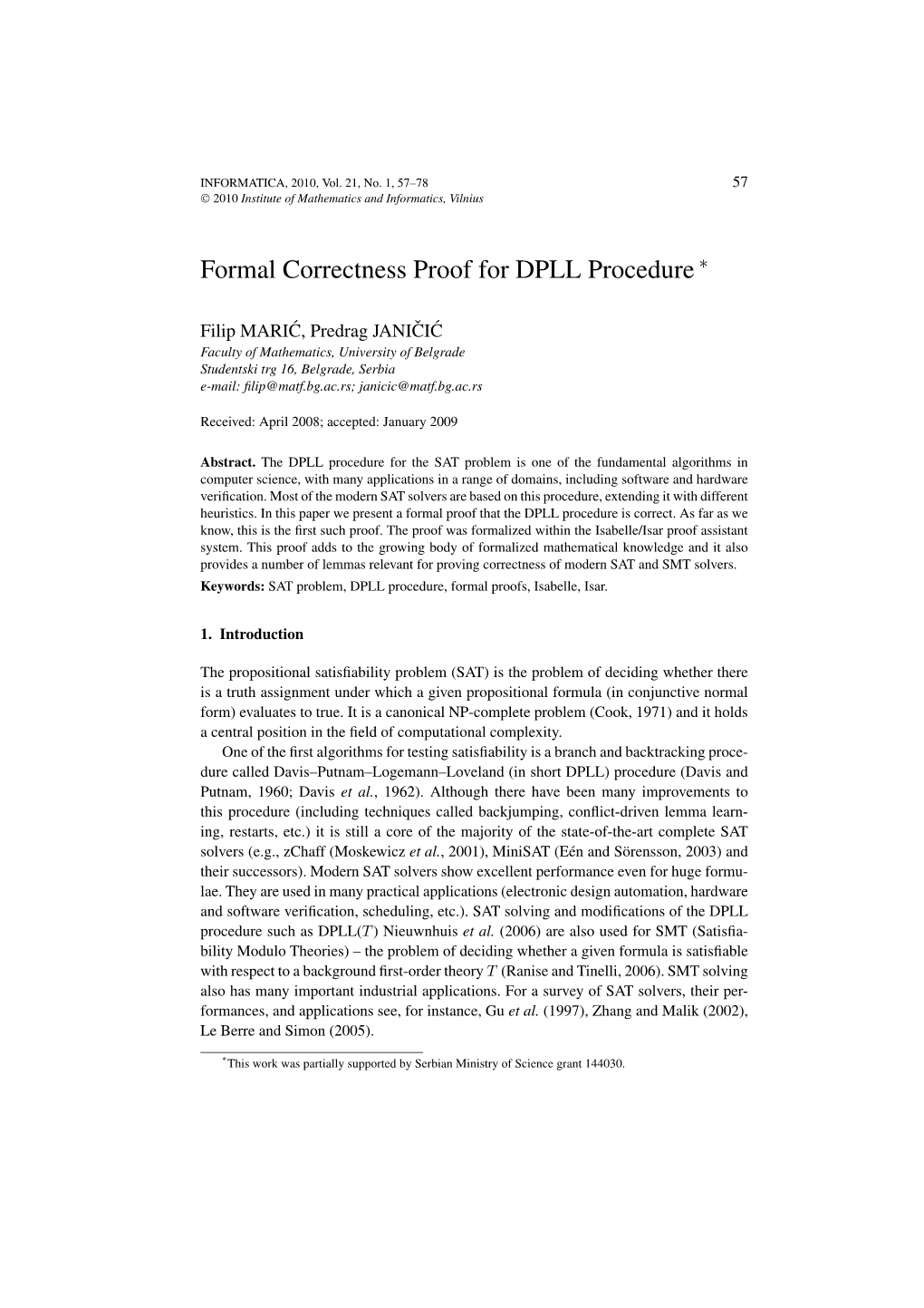 Formal Correctness Proof for DPLL Procedure ∗