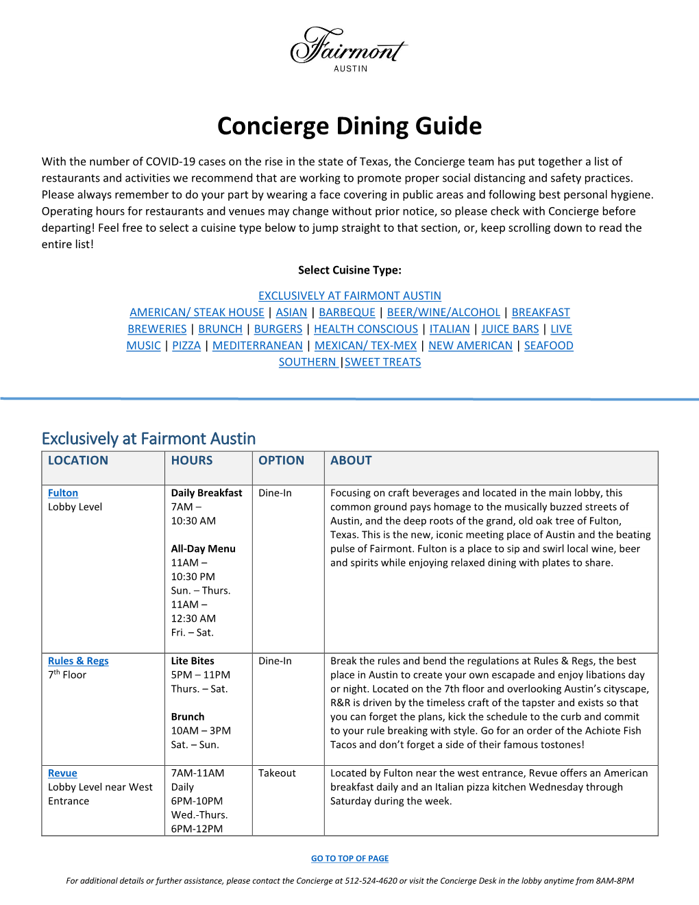 Concierge Dining Guide
