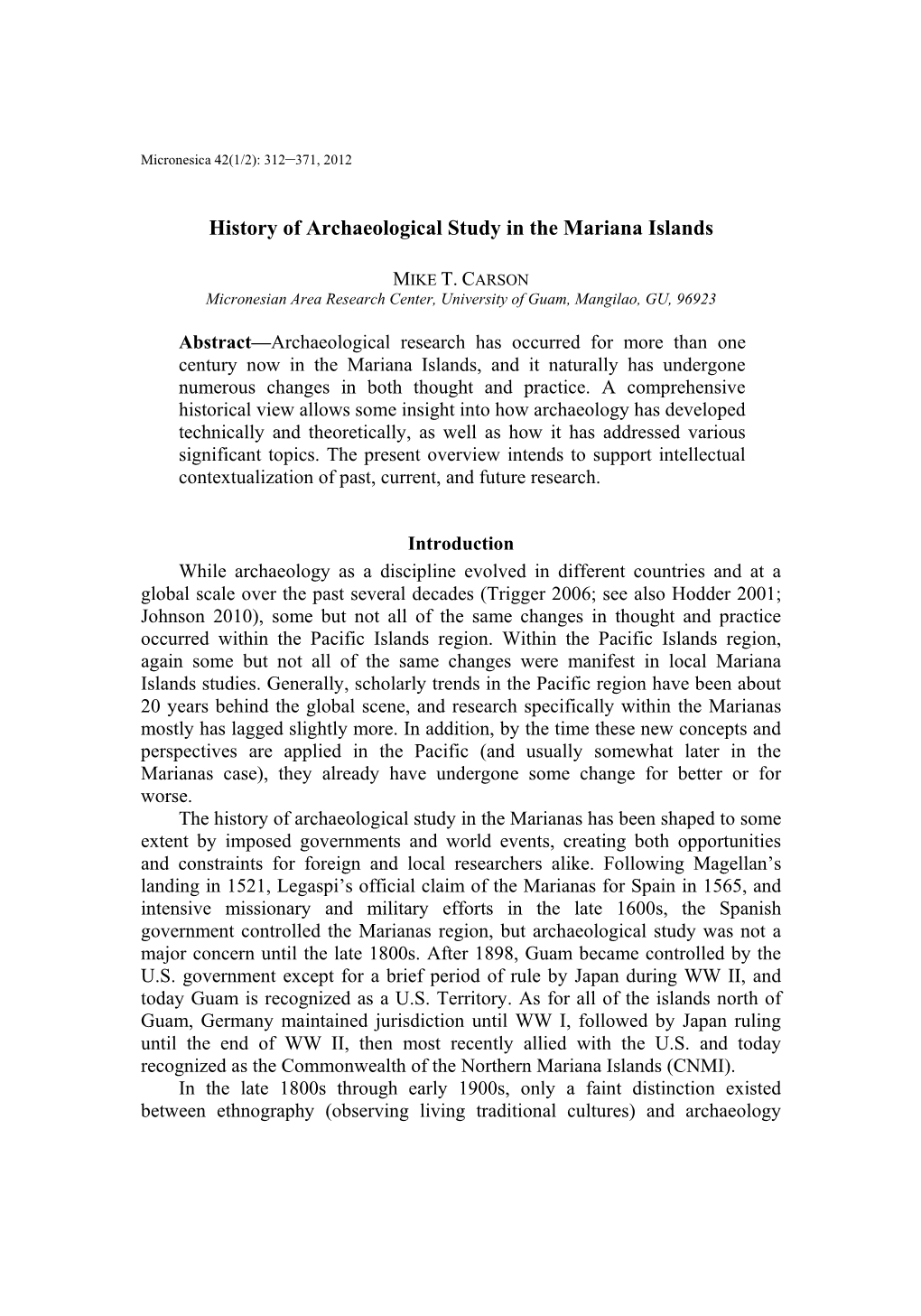 History of Archaeological Study in the Mariana Islands