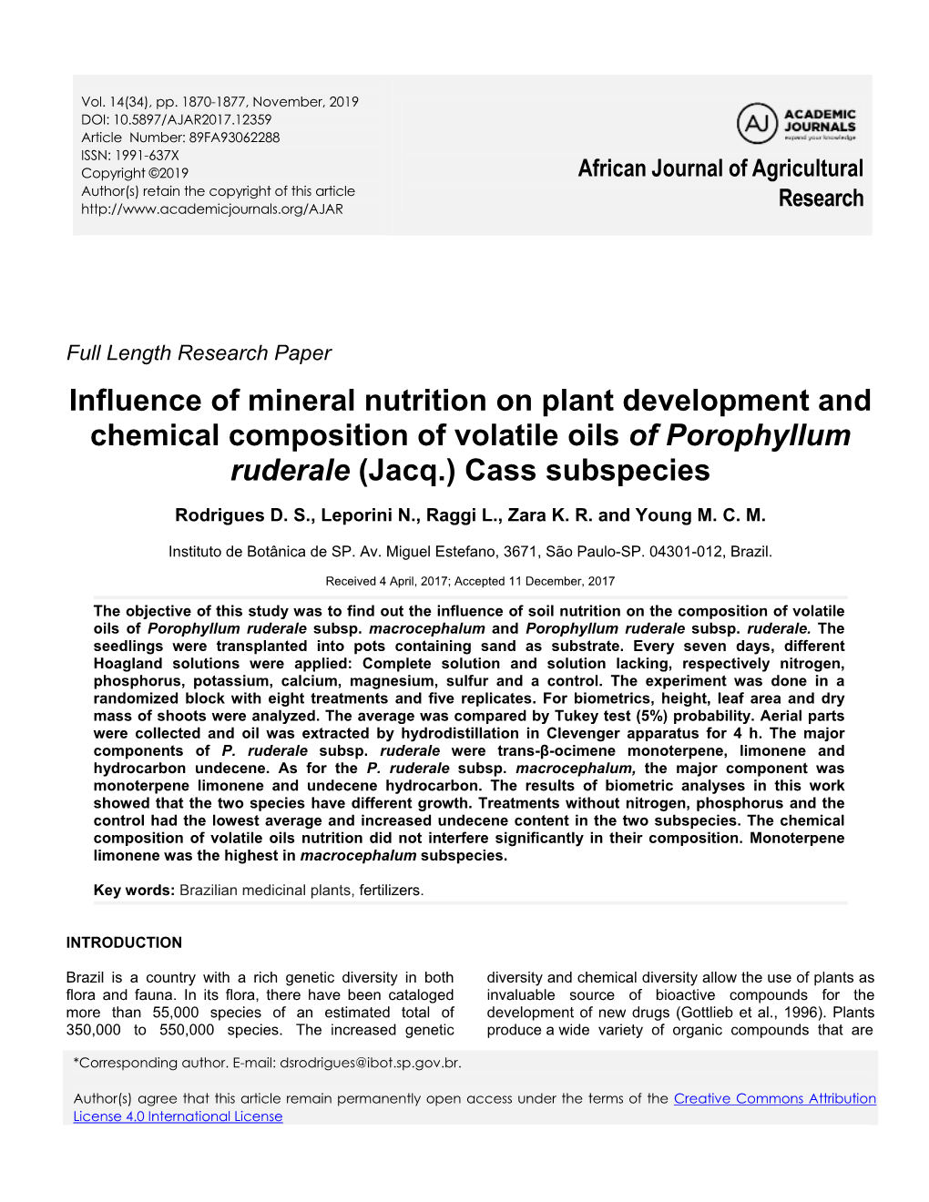 Influence of Mineral Nutrition on Plant Development and Chemical Composition of Volatile Oils of Porophyllum Ruderale (Jacq.) Cass Subspecies