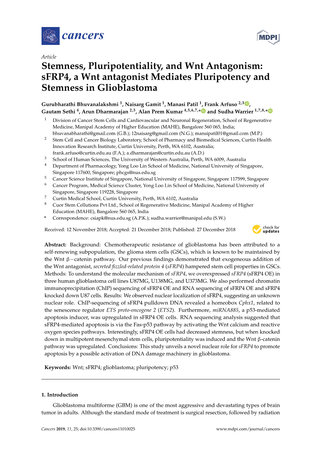Sfrp4, a Wnt Antagonist Mediates Pluripotency and Stemness in Glioblastoma