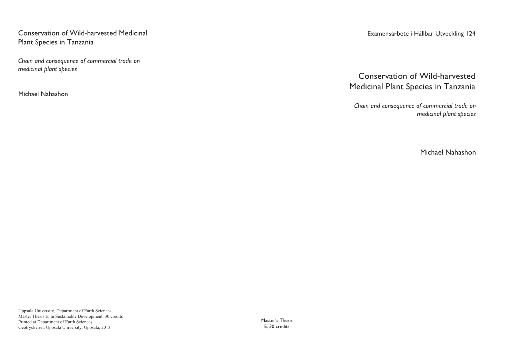 Conservation of Wild-Harvested Medicinal Plant Species in Tanzania Michael Nahashon Chain and Consequence of Commercial Trade on Medicinal Plant Species