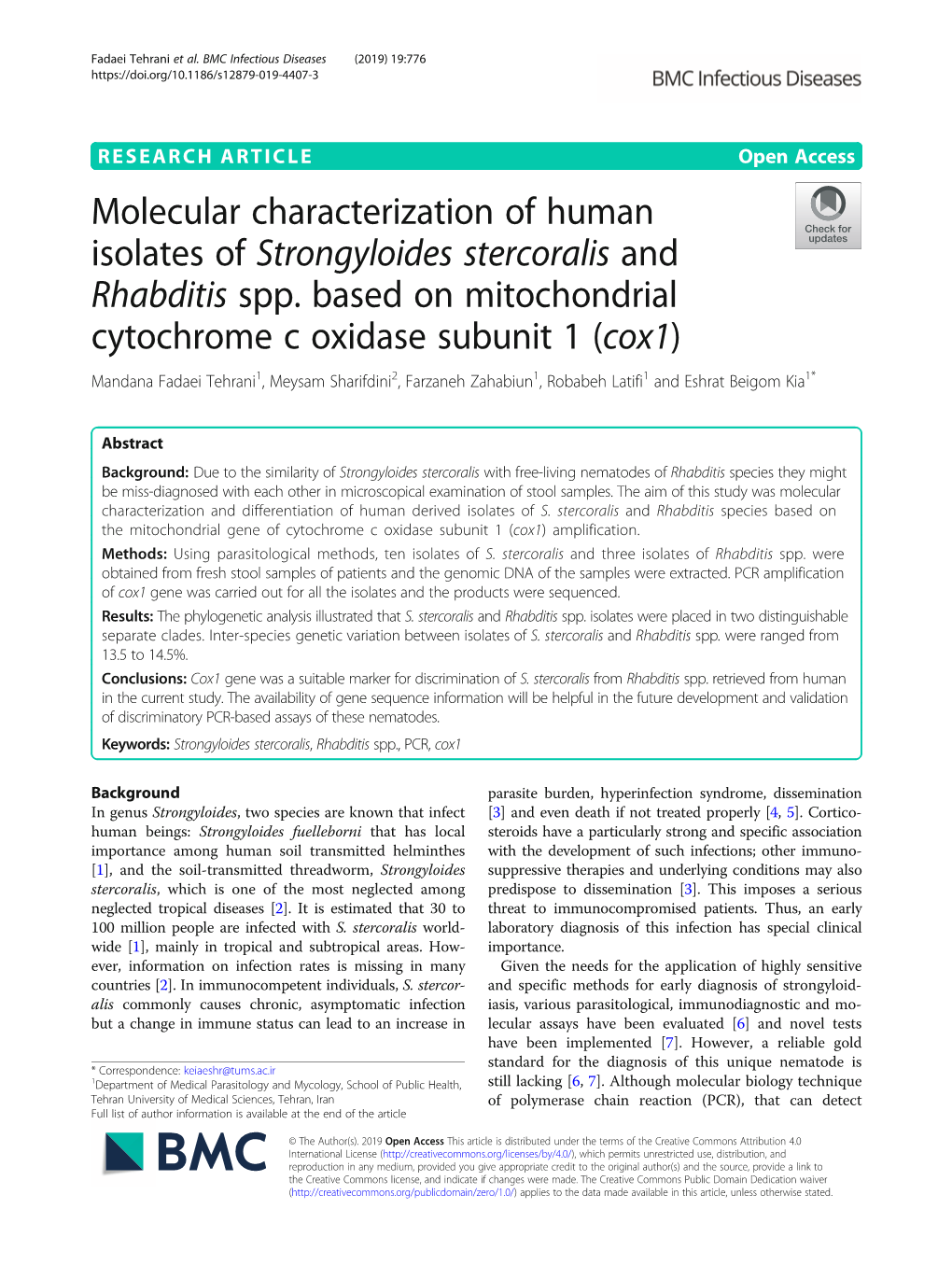 Molecular Characterization of Human Isolates of Strongyloides Stercoralis and Rhabditis Spp