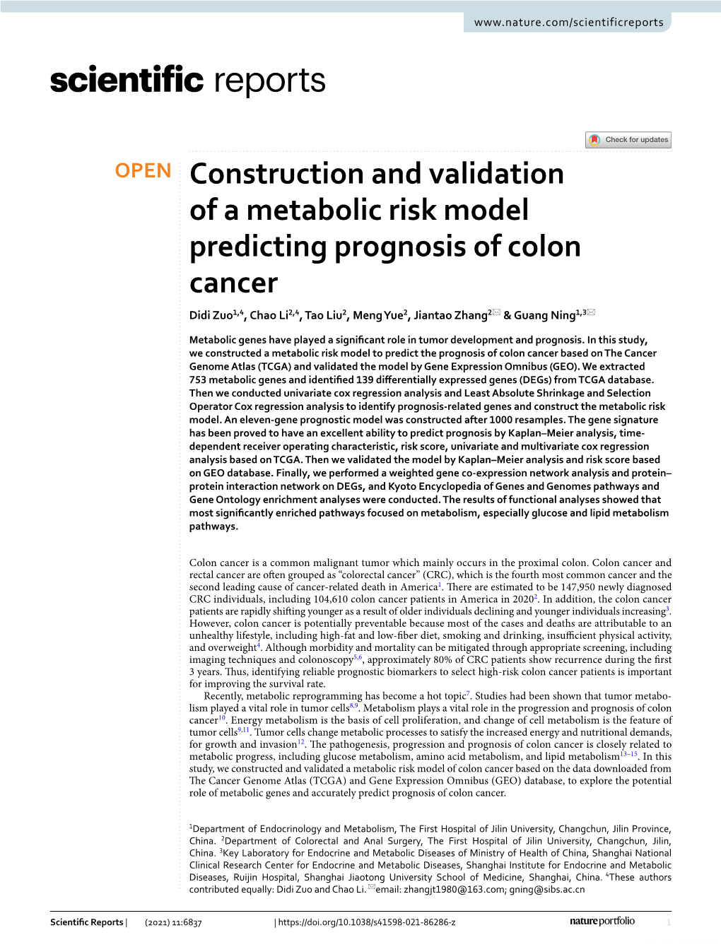 Construction and Validation of a Metabolic Risk Model Predicting