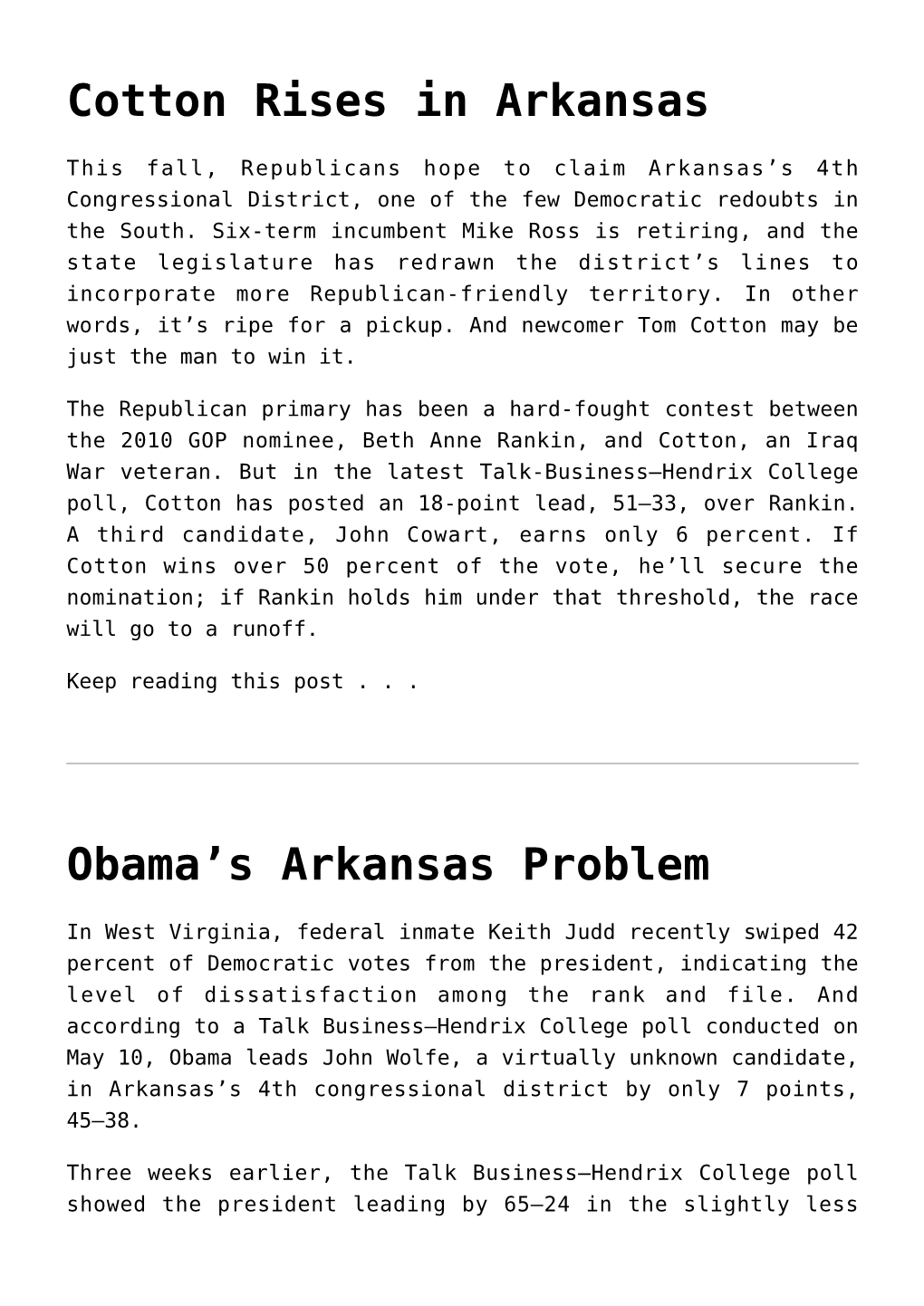 Cotton Rises in Arkansas,Obama's Arkansas Problem,Defending