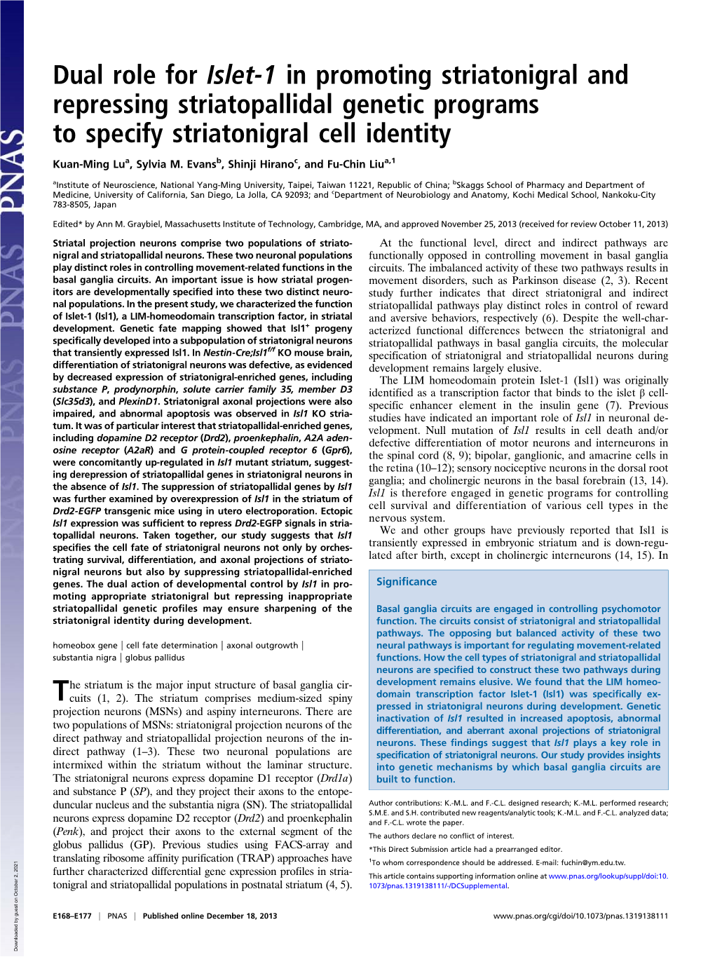 Dual Role for Islet-1 in Promoting Striatonigral and Repressing Striatopallidal Genetic Programs to Specify Striatonigral Cell Identity