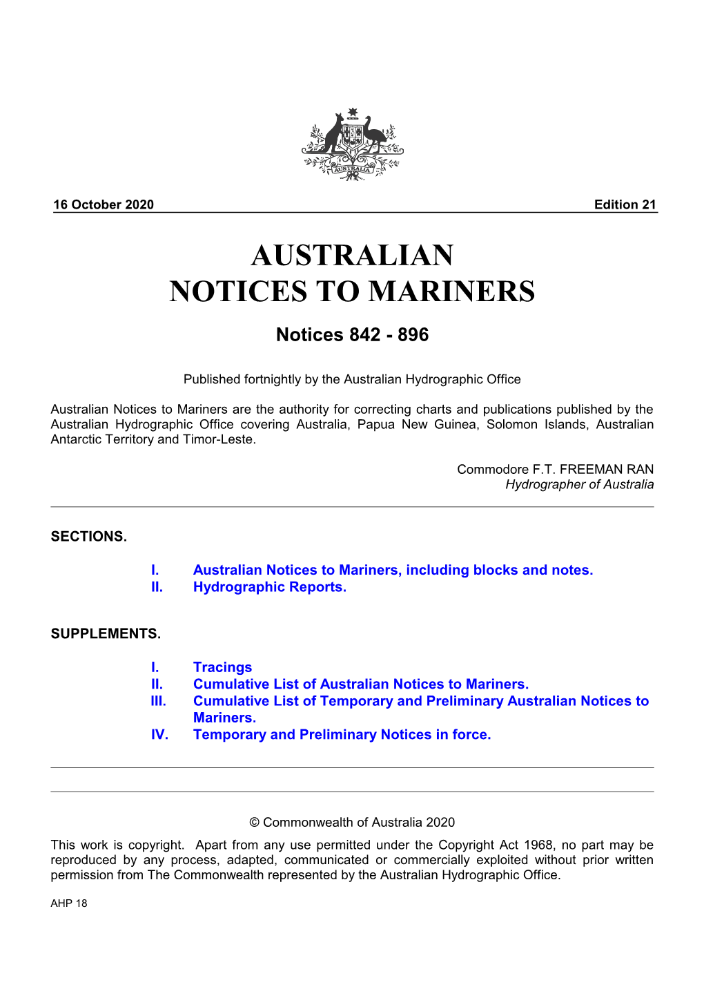 AUSTRALIAN NOTICES to MARINERS Notices 842 - 896